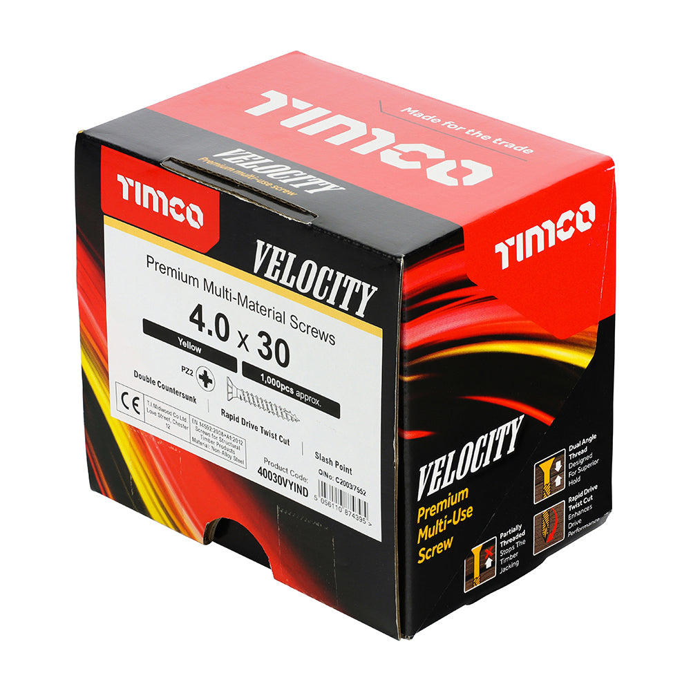 This is an image of Timco - Velocity Premium Multi-Use Screws - PZ - Double Countersunk - Yellow 4.0 x 30mm - (1000 PCS Box) 40030VYIND