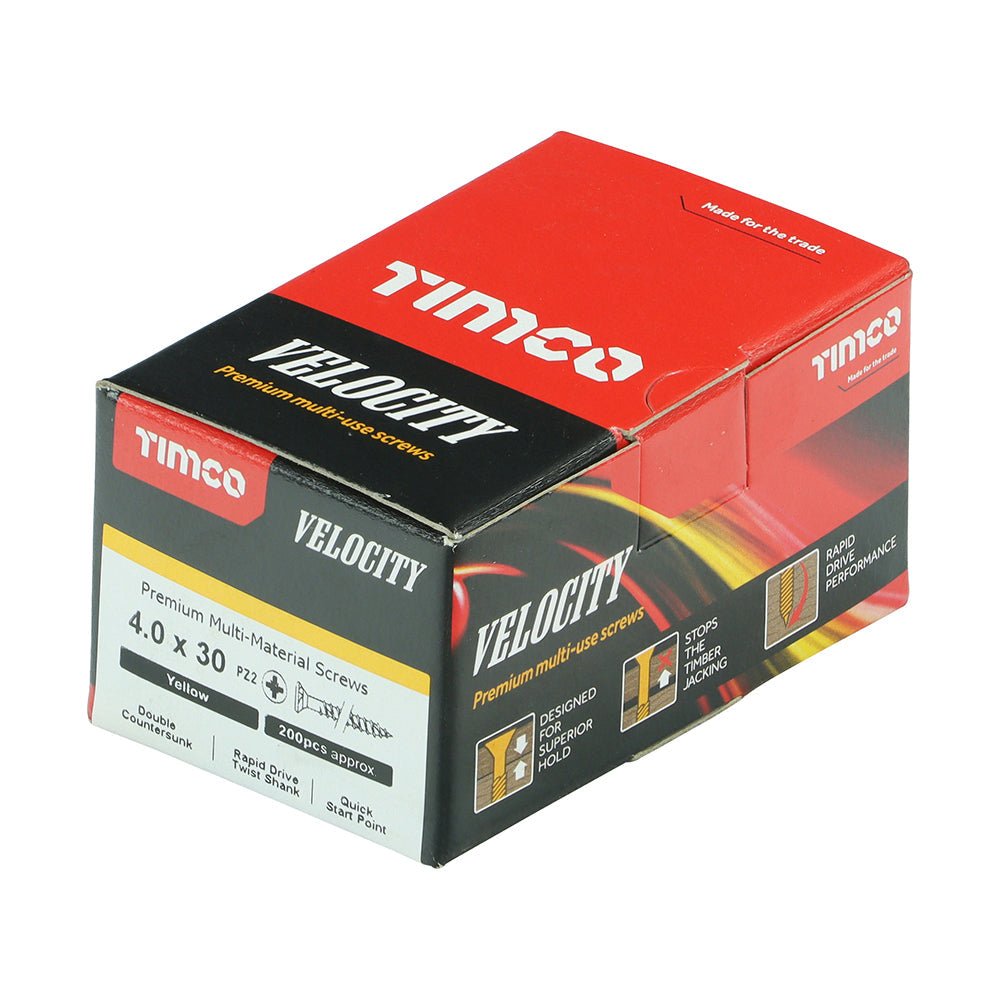 This is an image of Timco - Velocity Premium Multi-Use Screws - PZ - Double Countersunk - Yellow 4.0 x 30mm - (200 PCS Box) 40030VY