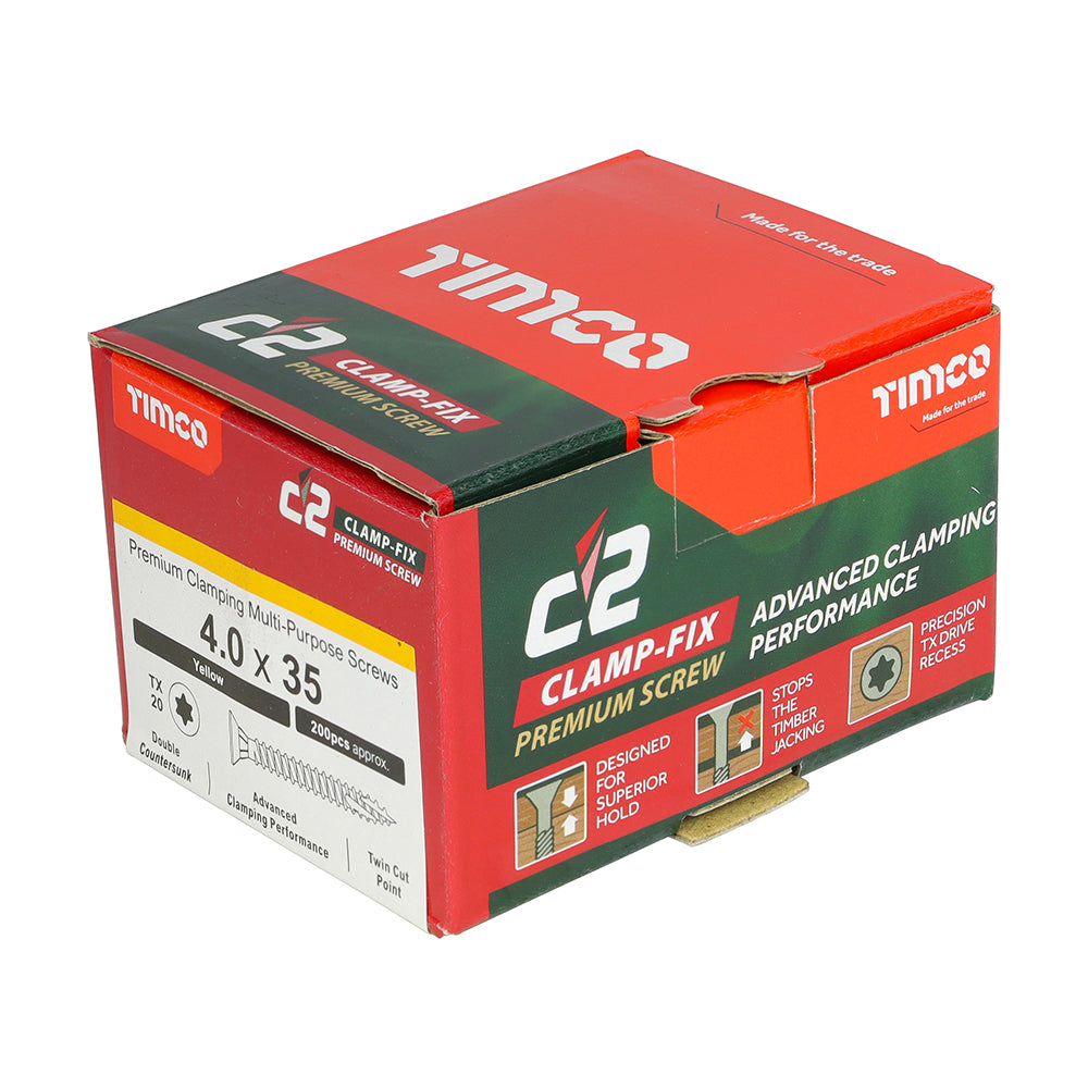 This is an image of Timco - C2 Clamp-Fix Screws - TX - Double Countersunk with Ribs - Twin-Cut - Yellow 4.0 x 35mm - (200 PCS Box) 40035C2C