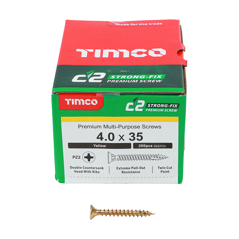 This is an image of Timco - C2 Strong-Fix Screws - PZ - Double Countersunk - Twin-Cut - Yellow 4.0 x 35mm - (200 PCS Box) 40035C2
