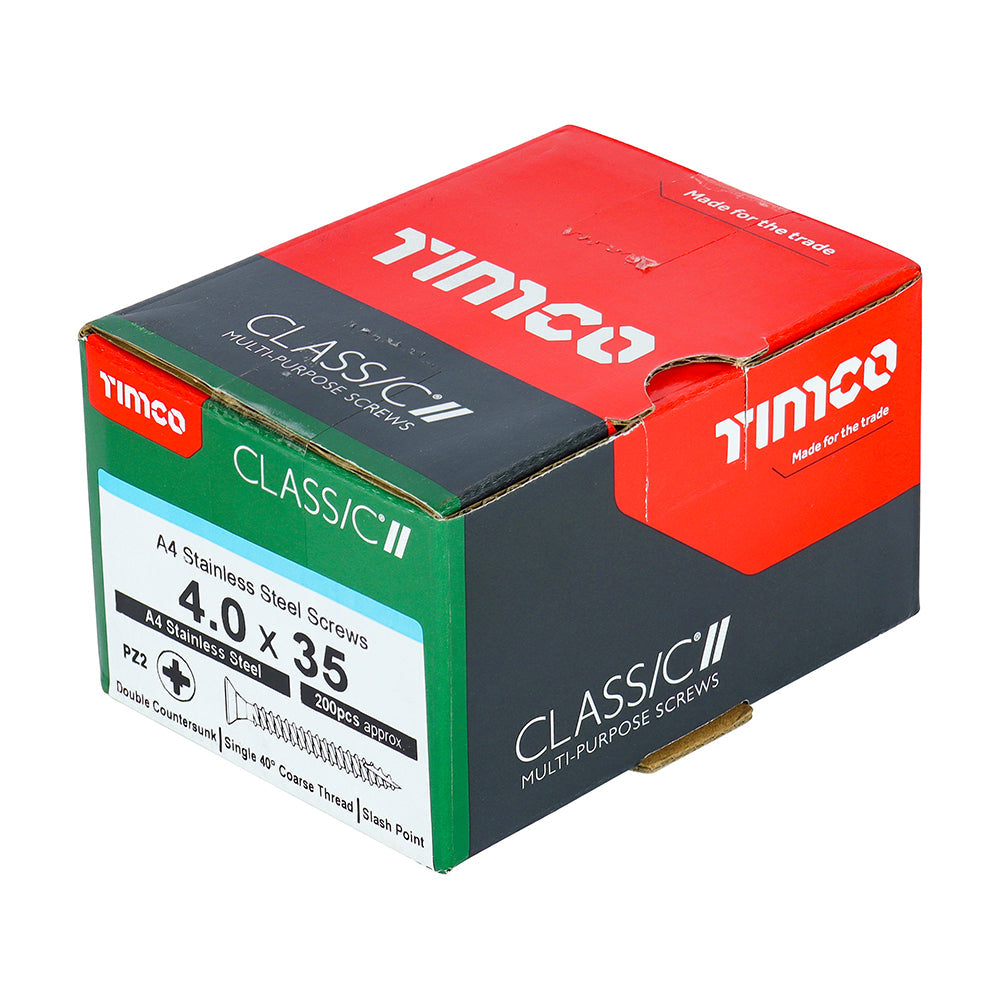 This is an image of Timco - Classic Multi-Purpose Screws - PZ - Double Countersunk - A4 Stainless Steel 4.0 x 35mm - (200 PCS Box) 40035CLA4