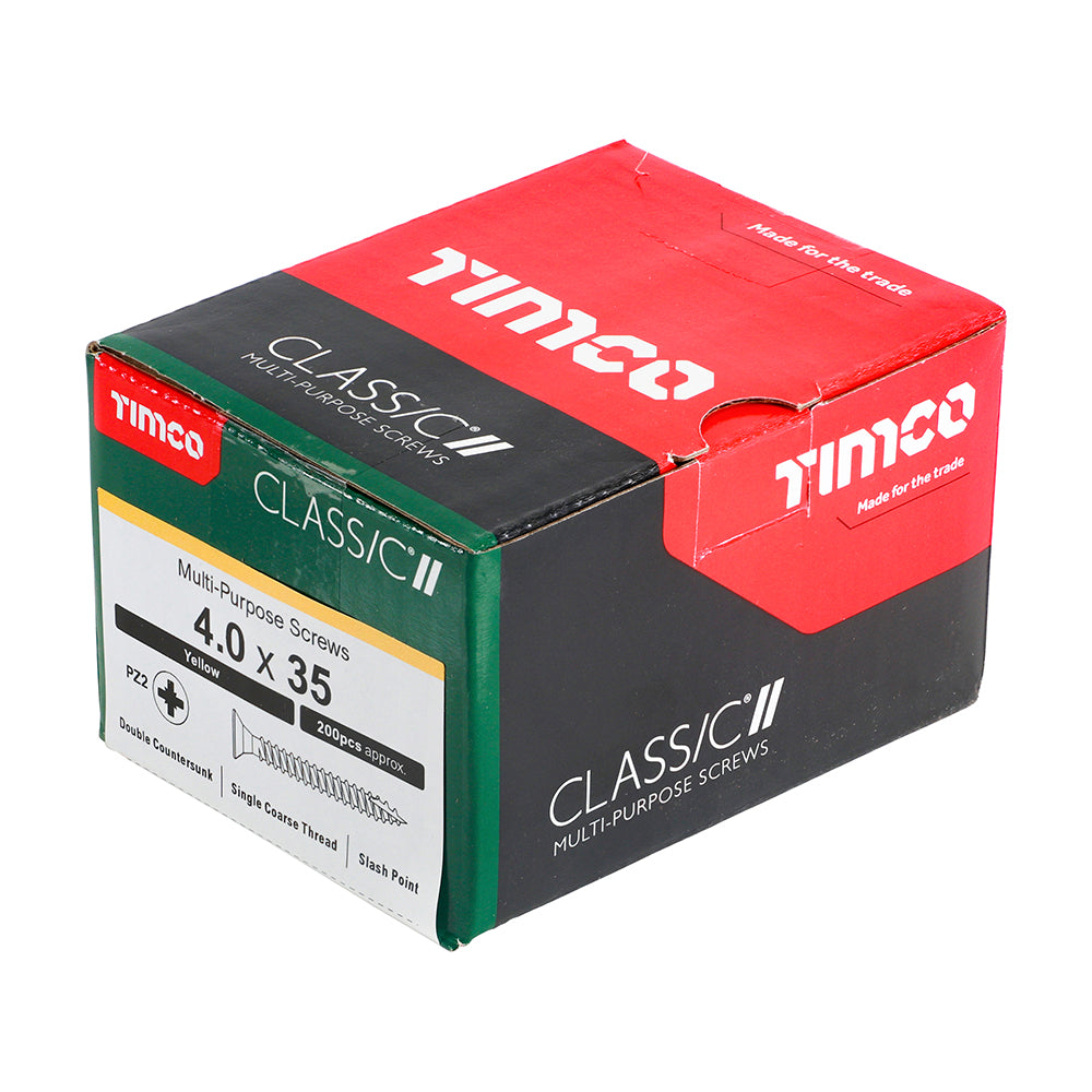 This is an image of Timco - Classic Multi-Purpose Screws - PZ - Double Countersunk - Yellow 4.0 x 35mm - (200 PCS Box) 40035CLAF