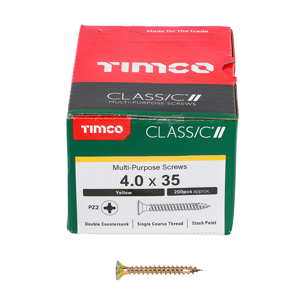 This is an image of Timco - Classic Multi-Purpose Screws - PZ - Double Countersunk - Yellow 4.0 x 35mm - (200 PCS Box) 40035CLAF