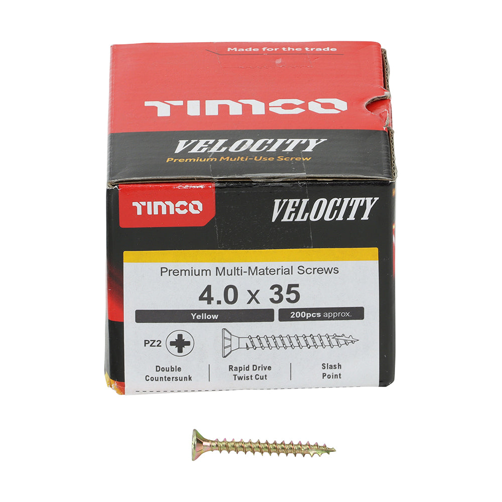 This is an image of Timco - Velocity Premium Multi-Use Screws - PZ - Double Countersunk - Yellow 4.0 x 35mm - (200 PCS Box) 40035VY