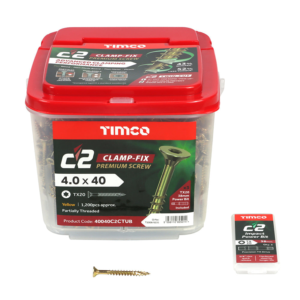 This is an image of Timco - C2 Clamp-Fix Screws - TX - Double Countersunk with Ribs - Twin-Cut - Yellow 4.0 x 40mm - (1200 PCS Tub) 40040C2CTUB