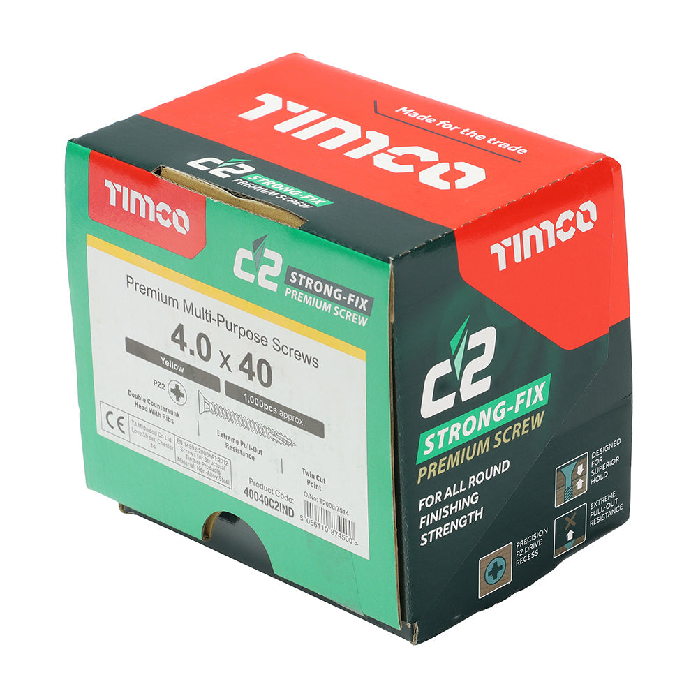 This is an image of Timco - C2 Strong-Fix Screws - PZ - Double Countersunk - Twin-Cut - Yellow 4.0 x 40mm - (1000 PCS Box) 40040C2IND
