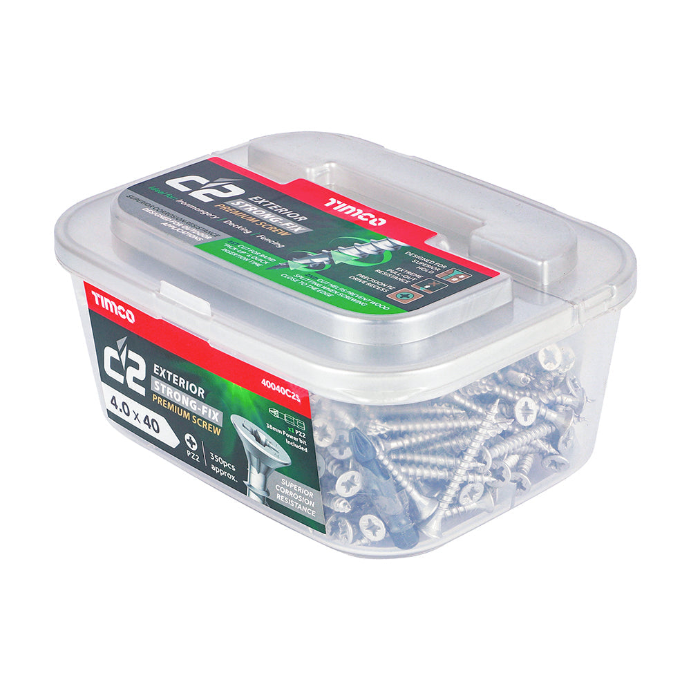 This is an image of Timco - C2 Exterior Strong-Fix Screws - PZ - Double Countersunk with Ribs - Twin-Cut - Silver 4.0 x 40mm - (350 PCS Tub) 40040C2S