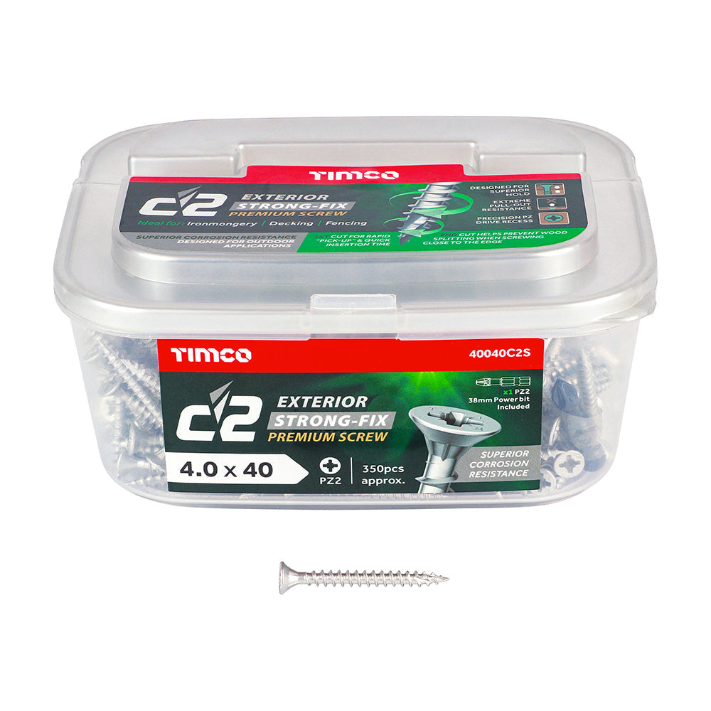 This is an image of Timco - C2 Exterior Strong-Fix Screws - PZ - Double Countersunk with Ribs - Twin-Cut - Silver 4.0 x 40mm - (350 PCS Tub) 40040C2S