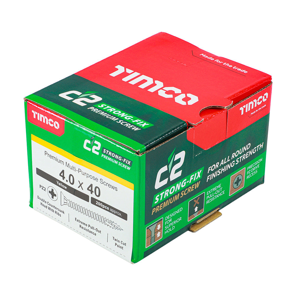 This is an image of Timco - C2 Strong-Fix Screws - PZ - Double Countersunk - Twin-Cut - Yellow 4.0 x 40mm - (200 PCS Box) 40040C2