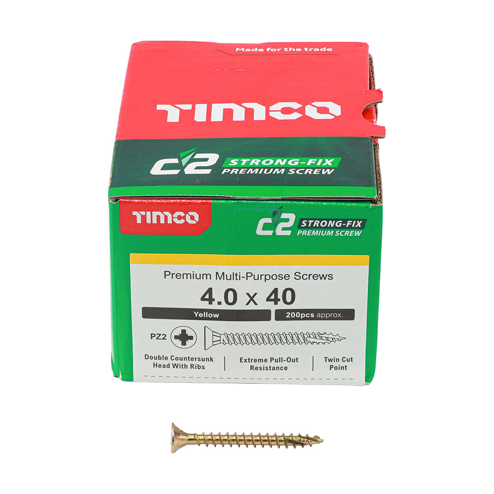 This is an image of Timco - C2 Strong-Fix Screws - PZ - Double Countersunk - Twin-Cut - Yellow 4.0 x 40mm - (200 PCS Box) 40040C2