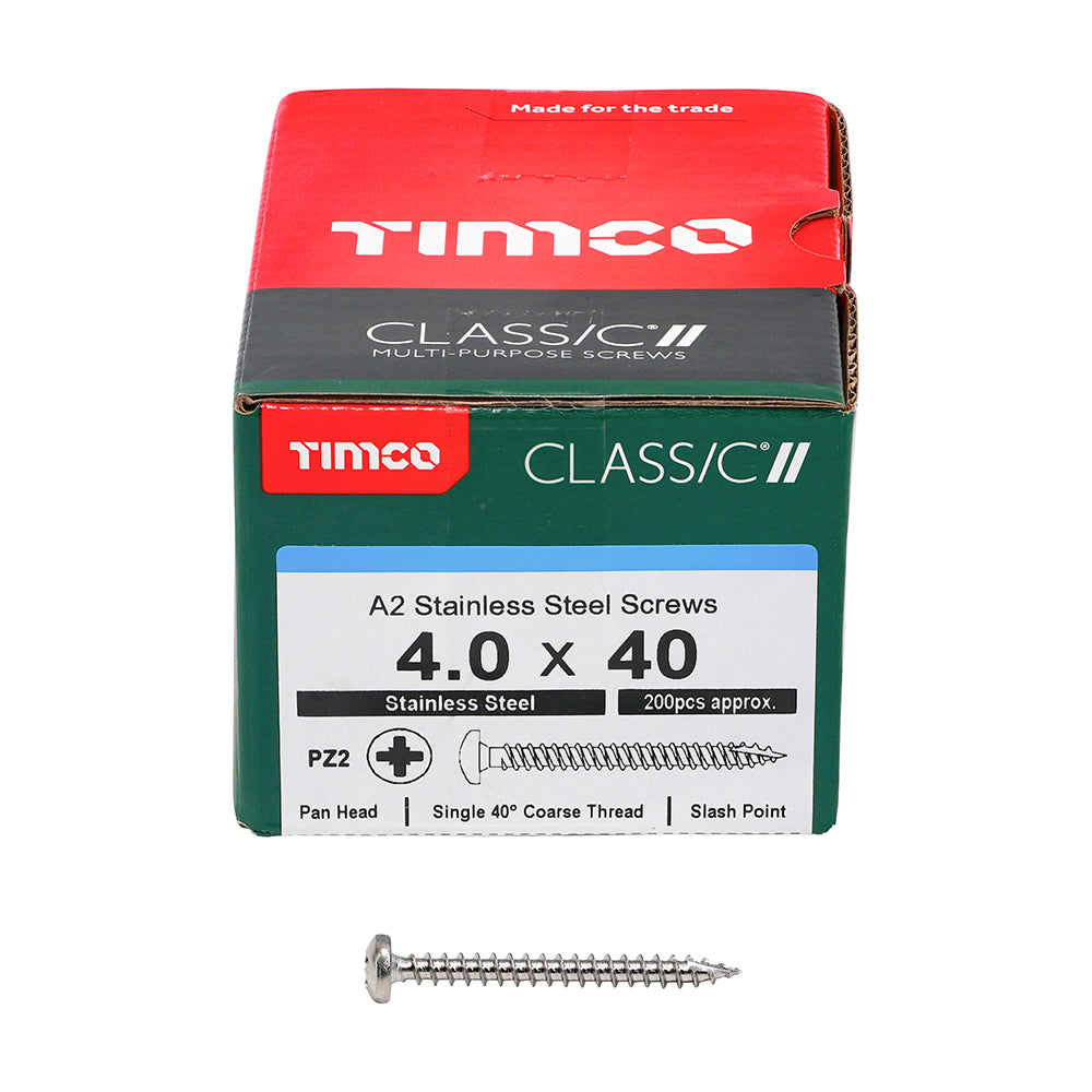 This is an image of Timco - Classic Multi-Purpose Screws - PZ - Pan Head - A2 Stainless Steel 4.0 x 40mm - (200 PCS Box) 40040CLAPSS