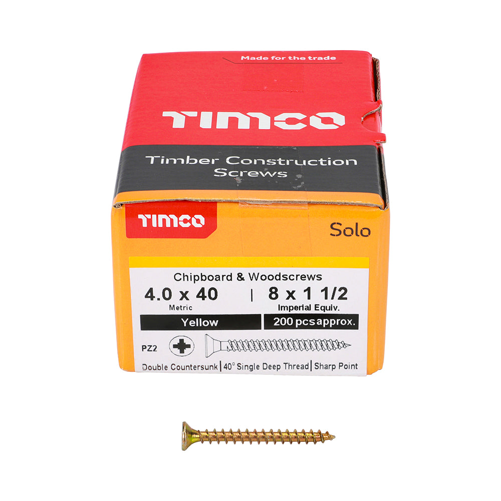 This is an image of Timco - Solo Chipboard & Woodscrews - PZ - Double Countersunk - Yellow 4.0 x 40mm - (200 PCS Box) 40040SOLOC
