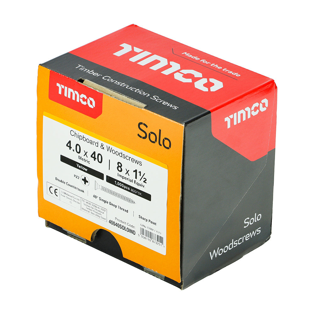 This is an image of Timco - Solo Chipboard & Woodscrews - Industry Pack - PZ - Double Countersunk - Yellow 4.0 x 40mm - (1000 PCS Box) 40040SOLOIND