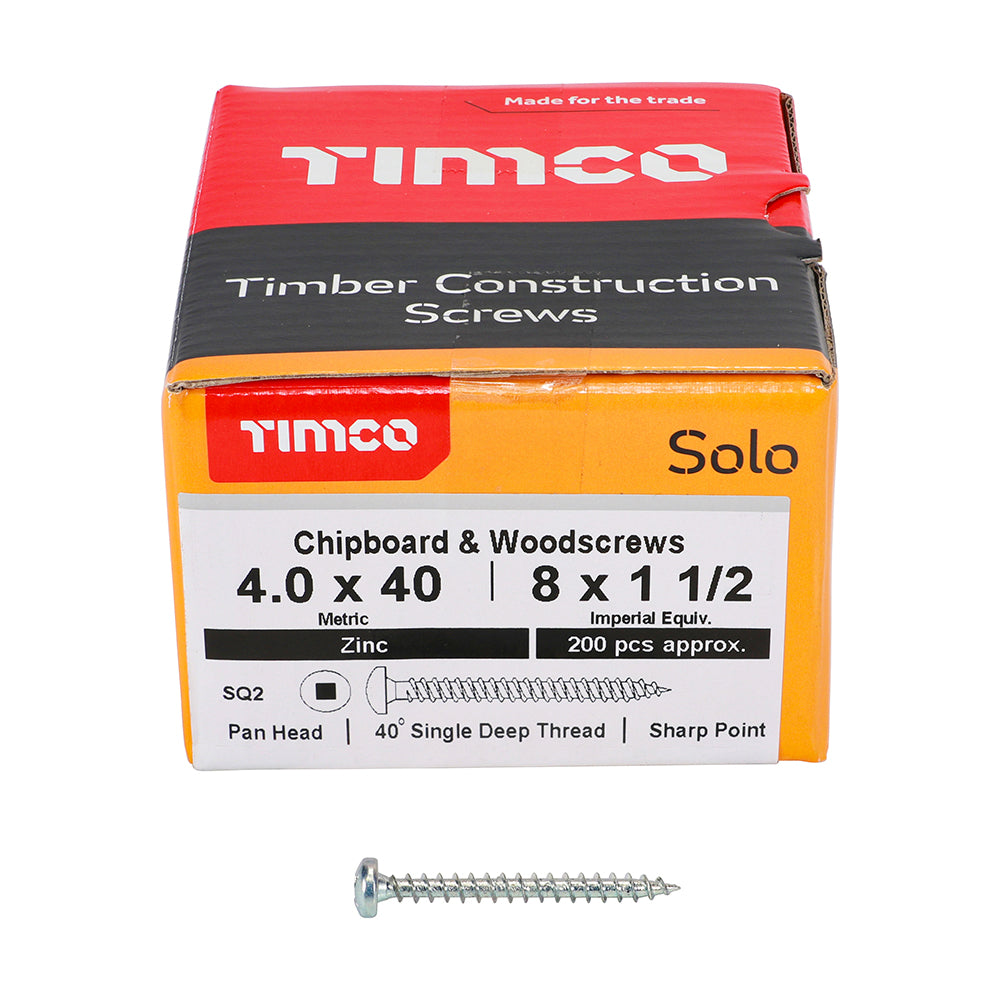 This is an image of Timco - Solo Chipboard & Woodscrews - SQ - Pan - Zinc 4.0 x 40mm - (200 PCS Box) 40040SQPSZ