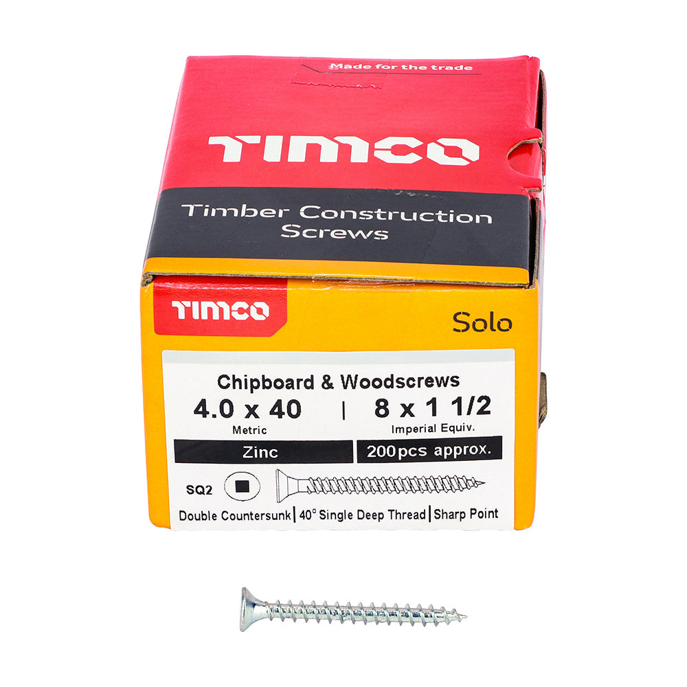 This is an image of Timco - Solo Chipboard & Woodscrews - SQ - Double Countersunk - Zinc 4.0 x 40mm - (200 PCS Box) 40040SQSZ