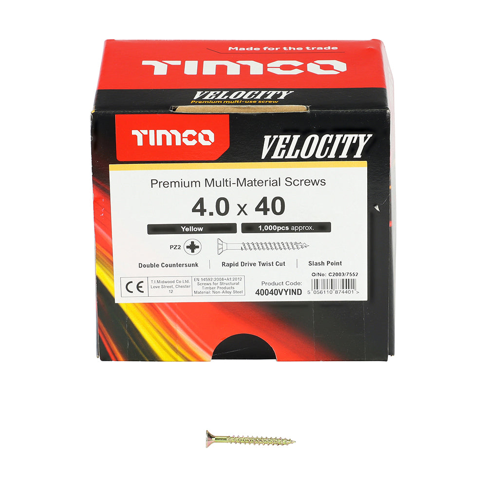 This is an image of Timco - Velocity Premium Multi-Use Screws - PZ - Double Countersunk - Yellow 4.0 x 40mm - (1000 PCS Box) 40040VYIND