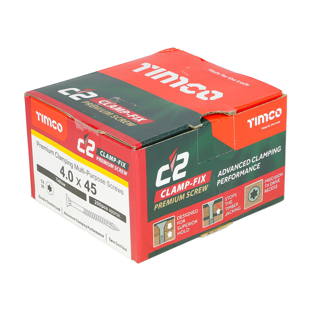 This is an image of Timco - C2 Clamp-Fix Screws - TX - Double Countersunk with Ribs - Twin-Cut - Yellow 4.0 x 45mm - (200 PCS Box) 40045C2C