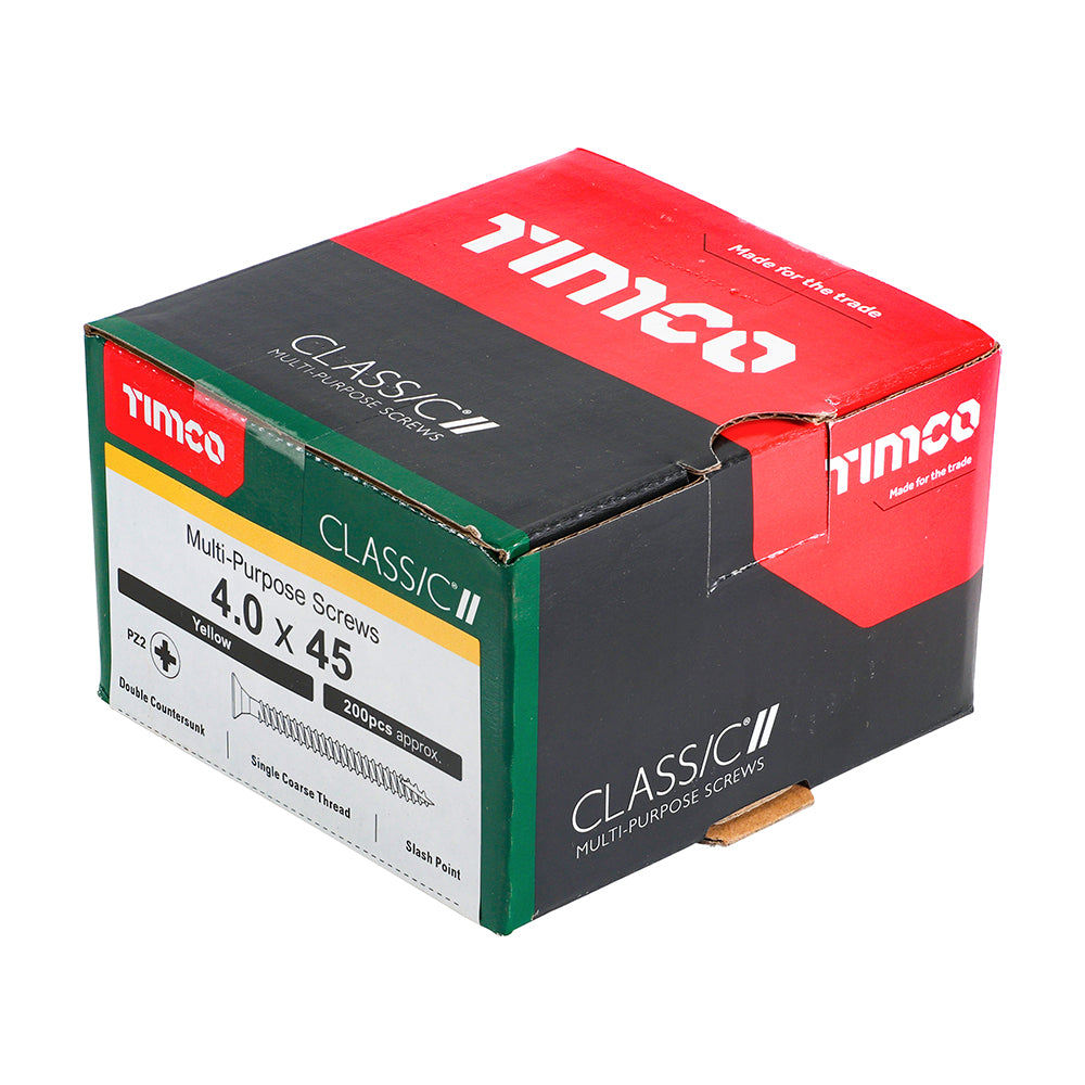 This is an image of Timco - Classic Multi-Purpose Screws - PZ - Double Countersunk - Yellow 4.0 x 45mm - (200 PCS Box) 40045CLAF