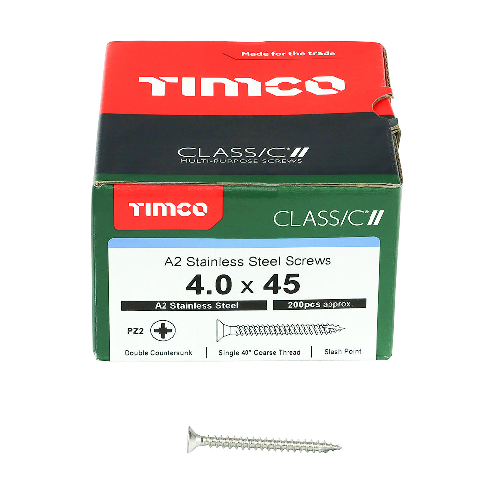 This is an image of Timco - Classic Multi-Purpose Screws - PZ - Double Countersunk - A2 Stainless Steel 4.0 x 45mm - (200 PCS Box) 40045CLASS