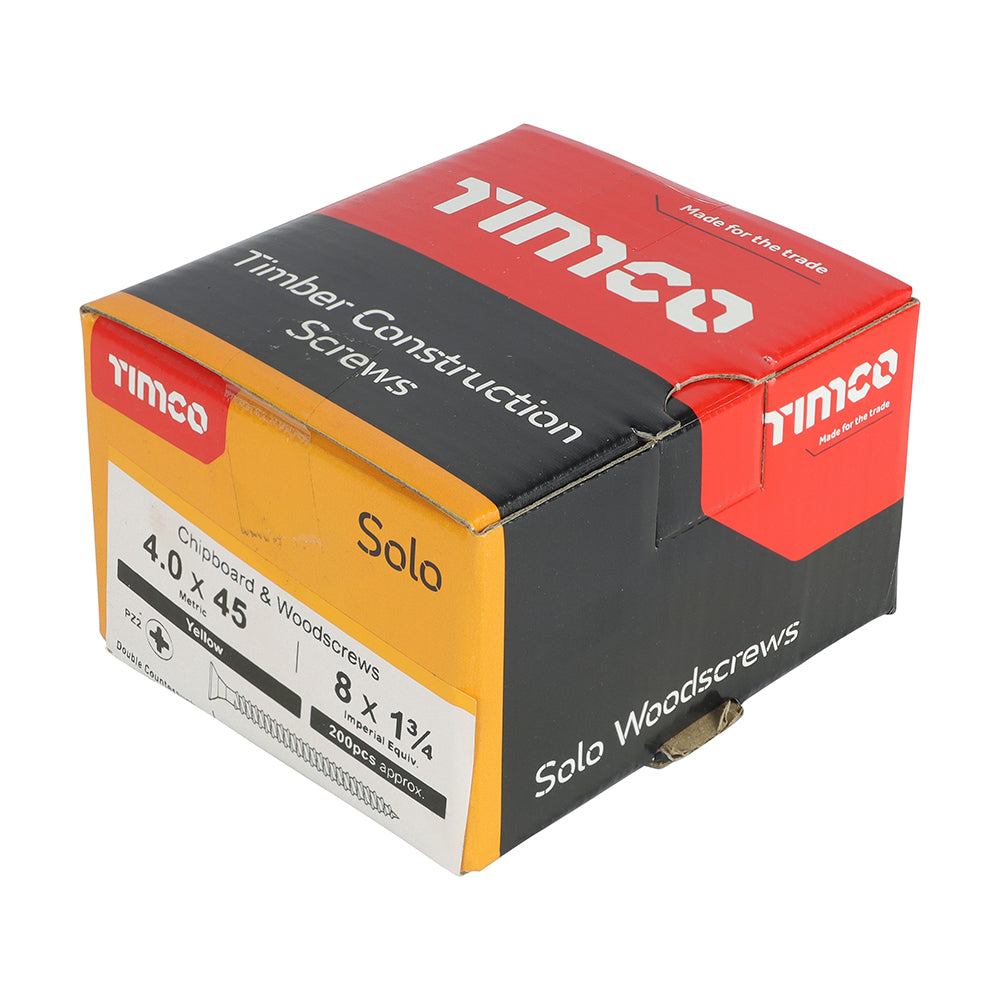 This is an image of Timco - Solo Chipboard & Woodscrews - PZ - Double Countersunk - Yellow 4.0 x 45mm - (200 PCS Box) 40045SOLOC