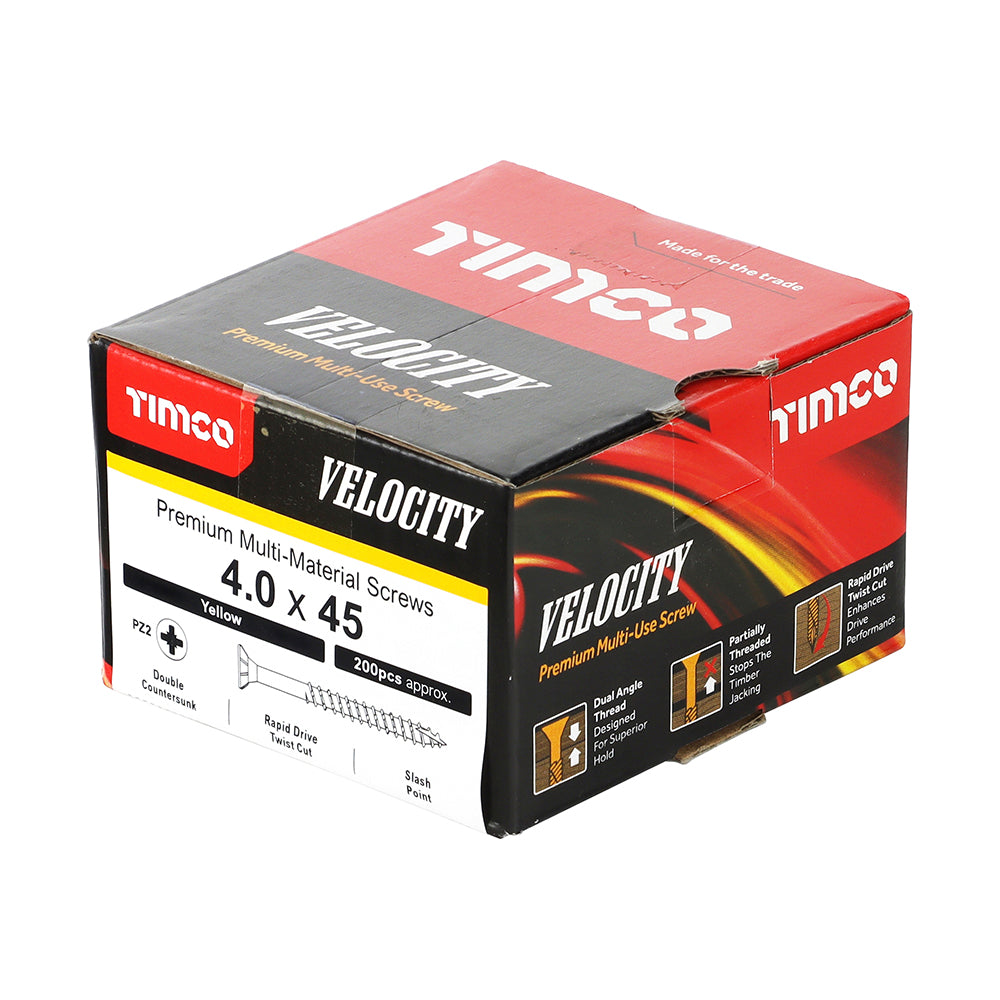 This is an image of Timco - Velocity Premium Multi-Use Screws - PZ - Double Countersunk - Yellow 4.0 x 45mm - (200 PCS Box) 40045VY