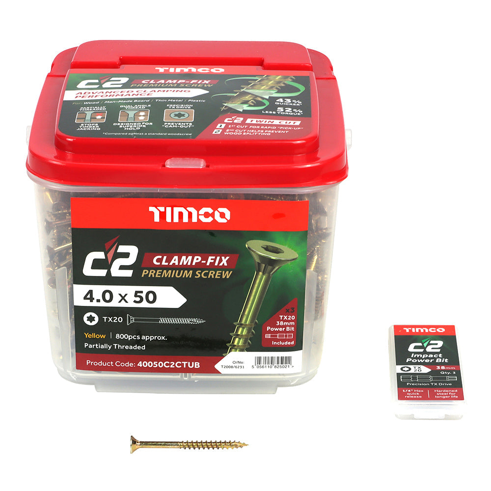 This is an image of Timco - C2 Clamp-Fix Screws - TX - Double Countersunk with Ribs - Twin-Cut - Yellow 4.0 x 50mm - (800 PCS Tub) 40050C2CTUB