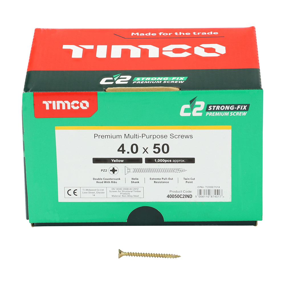 This is an image of Timco - C2 Strong-Fix Screws - PZ - Double Countersunk - Twin-Cut - Yellow 4.0 x 50mm - (1000 PCS Box) 40050C2IND