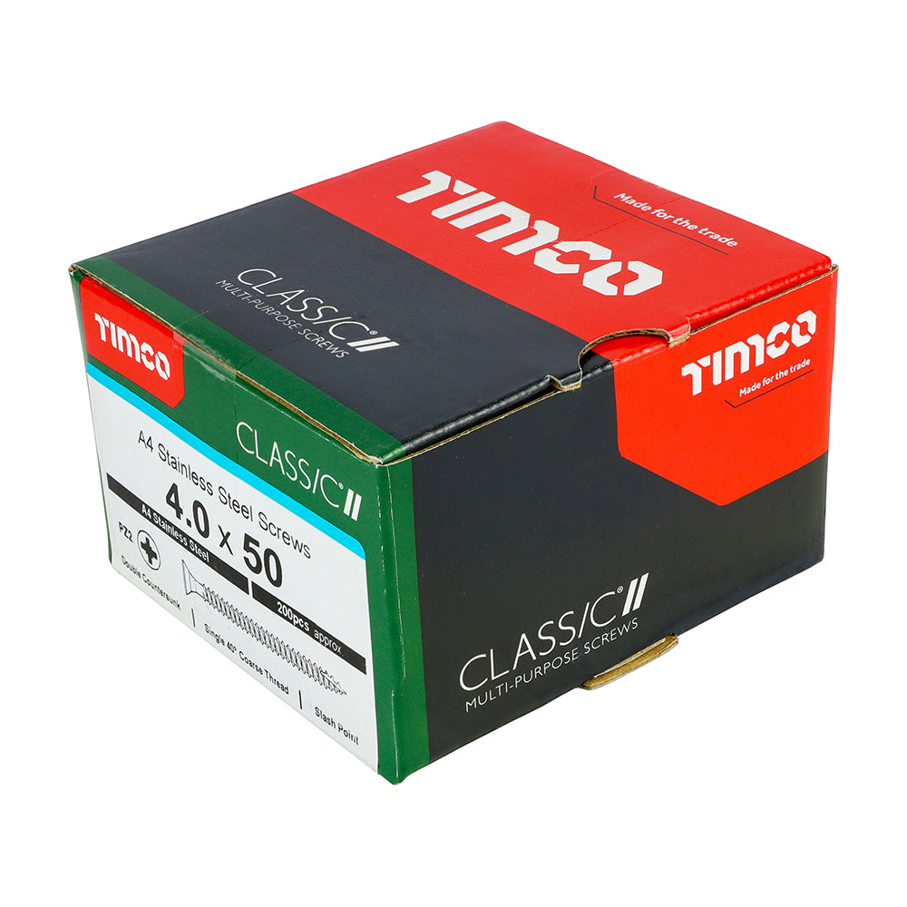 This is an image of Timco - Classic Multi-Purpose Screws - PZ - Double Countersunk - A4 Stainless Steel 4.0 x 50mm - (200 PCS Box) 40050CLA4