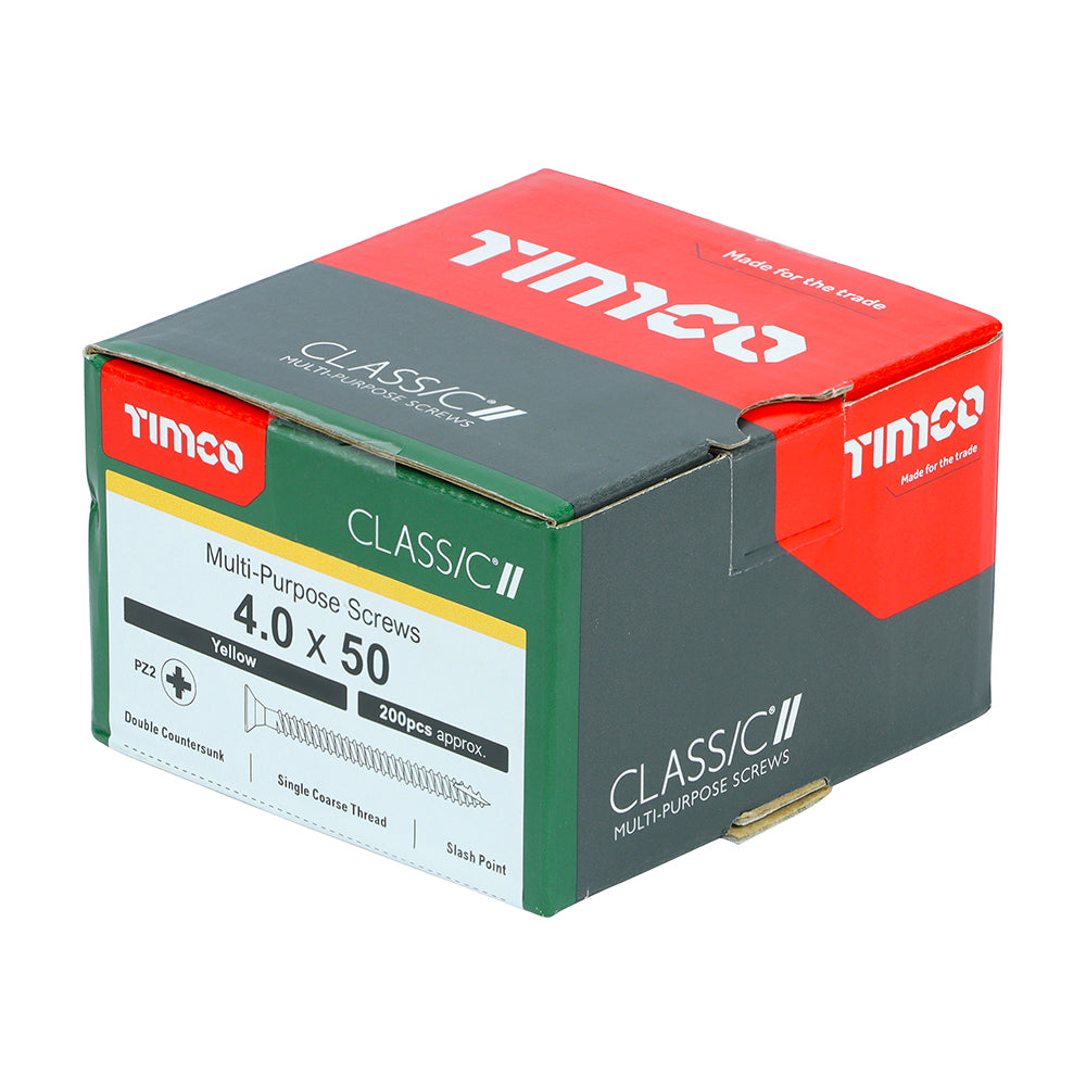 This is an image of Timco - Classic Multi-Purpose Screws - PZ - Double Countersunk - Yellow 4.0 x 50mm - (200 PCS Box) 40050CLAF