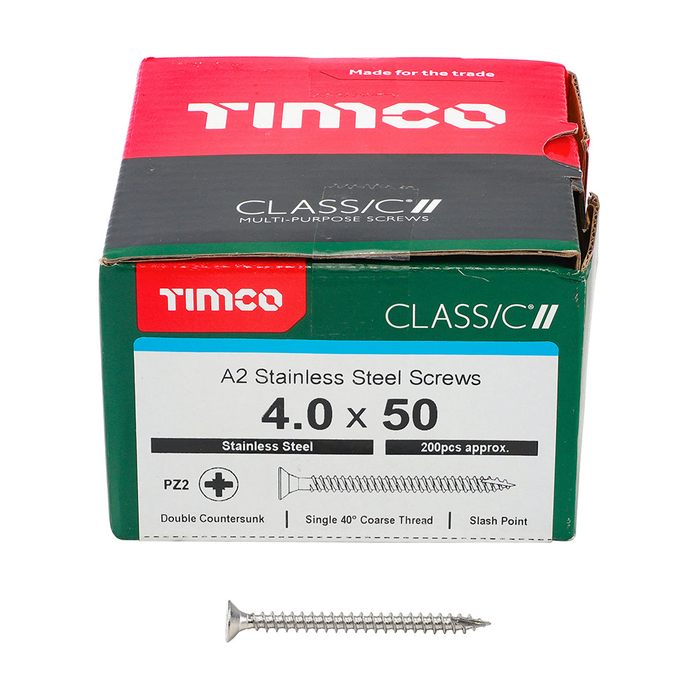 This is an image of Timco - Classic Multi-Purpose Screws - PZ - Double Countersunk - A2 Stainless Steel 4.0 x 50mm - (200 PCS Box) 40050CLASS