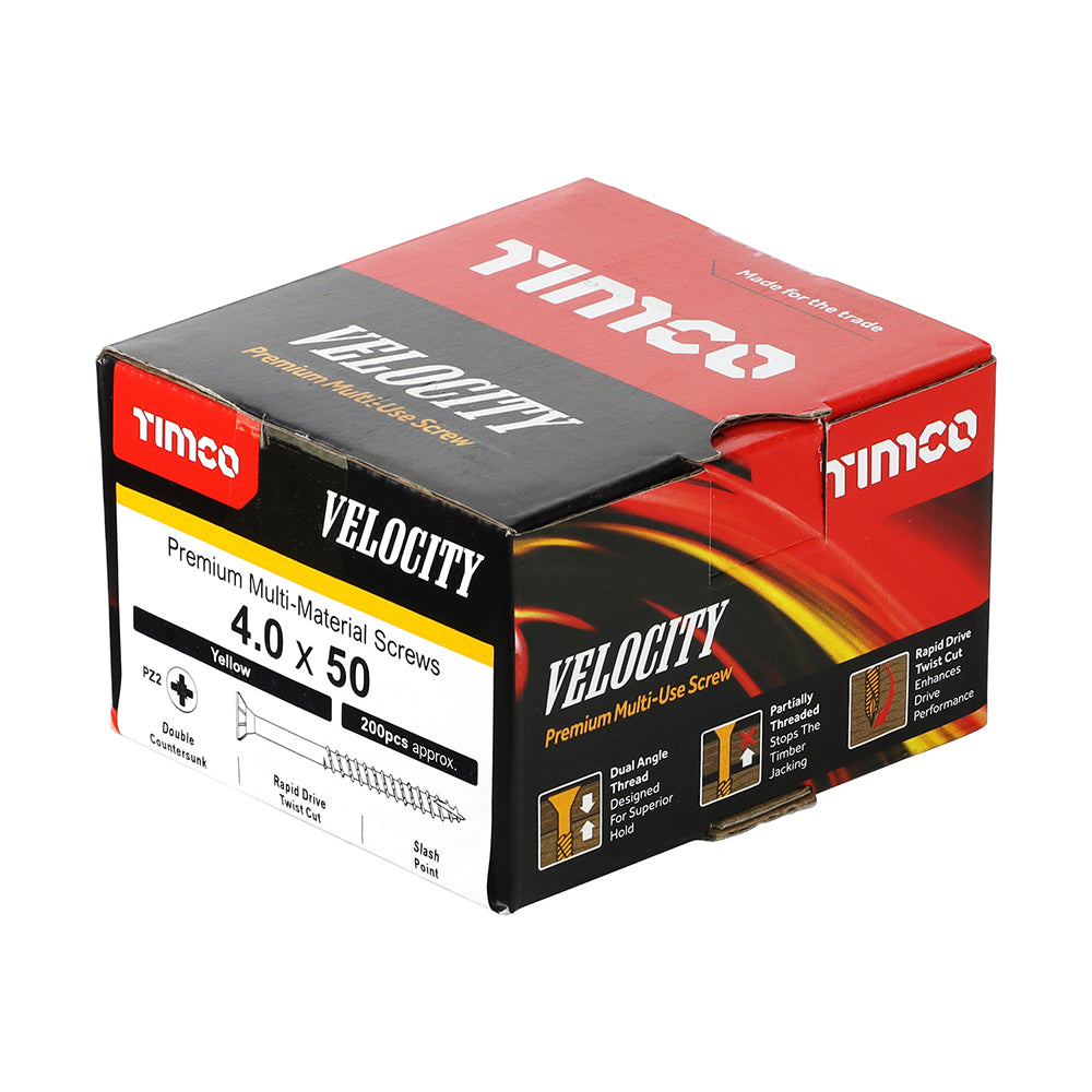 This is an image of Timco - Velocity Premium Multi-Use Screws - PZ - Double Countersunk - Yellow 4.0 x 50mm - (200 PCS Box) 40050VY