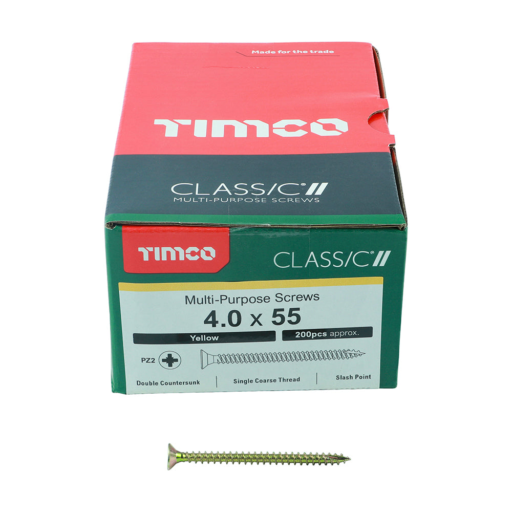 This is an image of Timco - Classic Multi-Purpose Screws - PZ - Double Countersunk - Yellow 4.0 x 55mm - (200 PCS Box) 40055CLAF