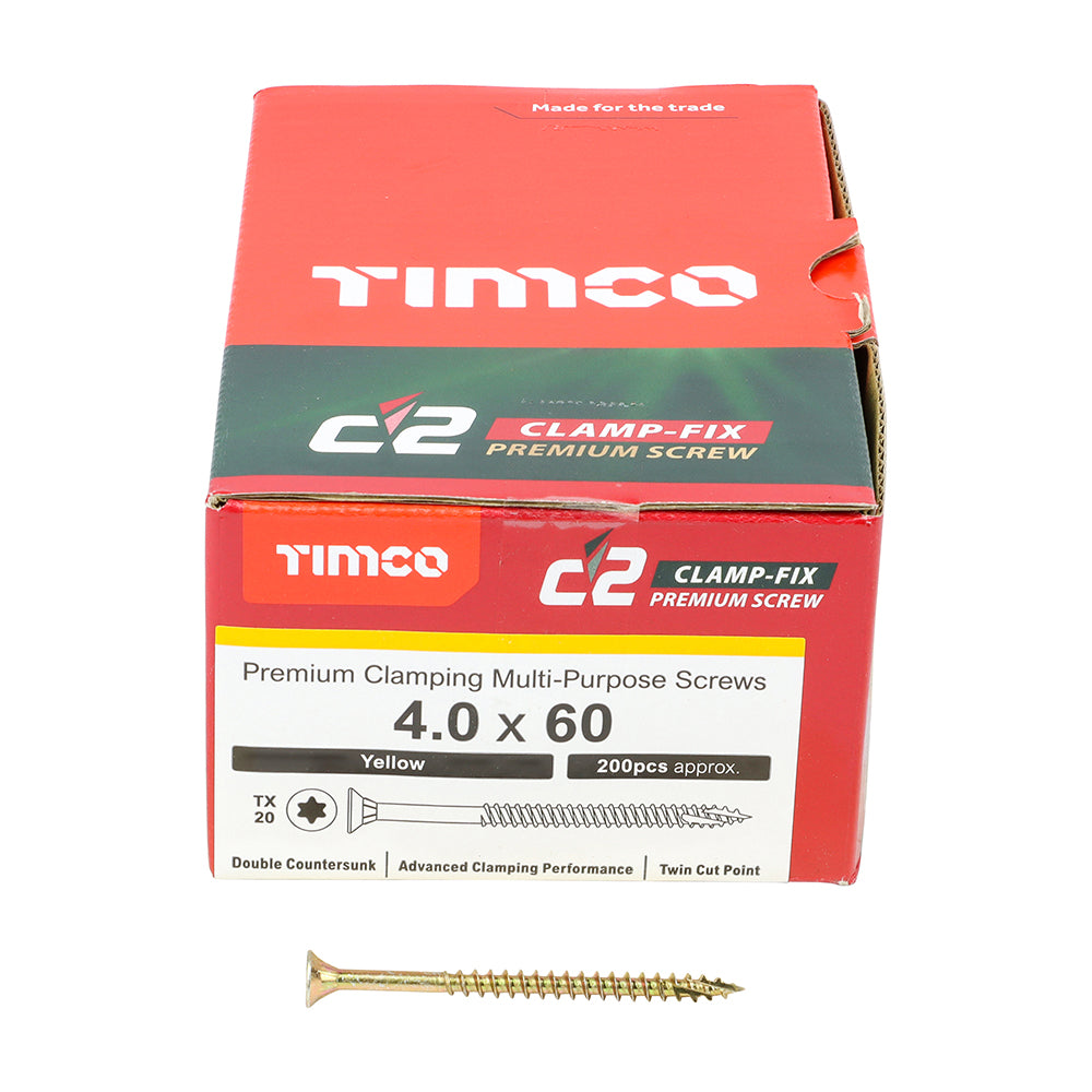 This is an image of Timco - C2 Clamp-Fix Screws - TX - Double Countersunk with Ribs - Twin-Cut - Yellow 4.0 x 60mm - (200 PCS Box) 40060C2C