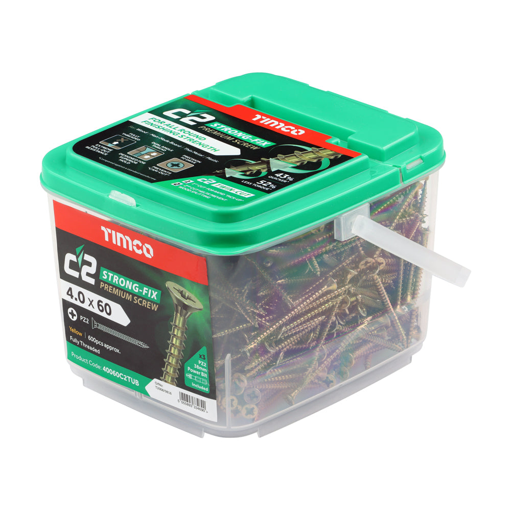 This is an image of Timco - C2 Strong-Fix Screws - PZ - Double Countersunk - Twin-Cut - Yellow 4.0 x 60mm - (600 PCS Tub) 40060C2TUB