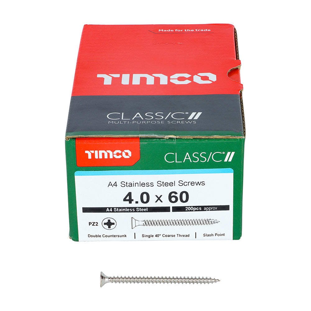 This is an image of Timco - Classic Multi-Purpose Screws - PZ - Double Countersunk - A4 Stainless Steel 4.0 x 60mm - (200 PCS Box) 40060CLA4