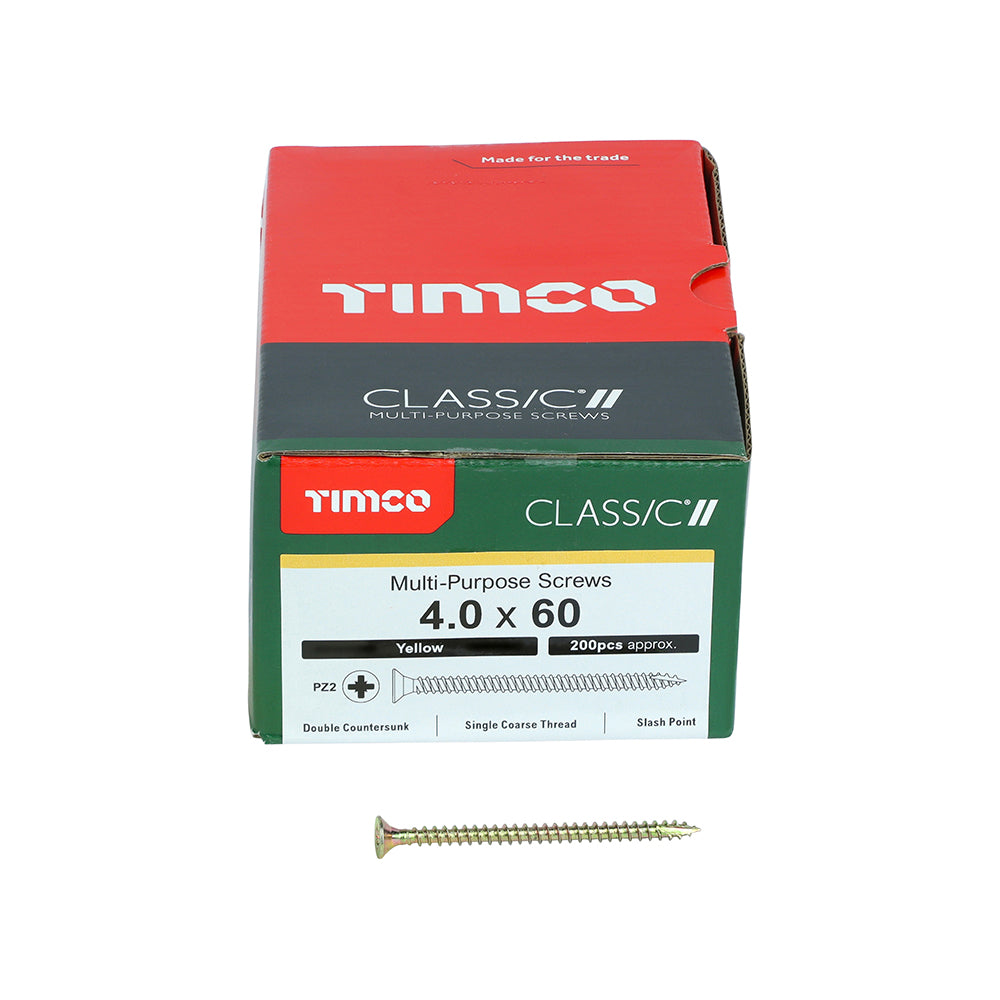 This is an image of Timco - Classic Multi-Purpose Screws - PZ - Double Countersunk - Yellow 4.0 x 60mm - (200 PCS Box) 40060CLAF