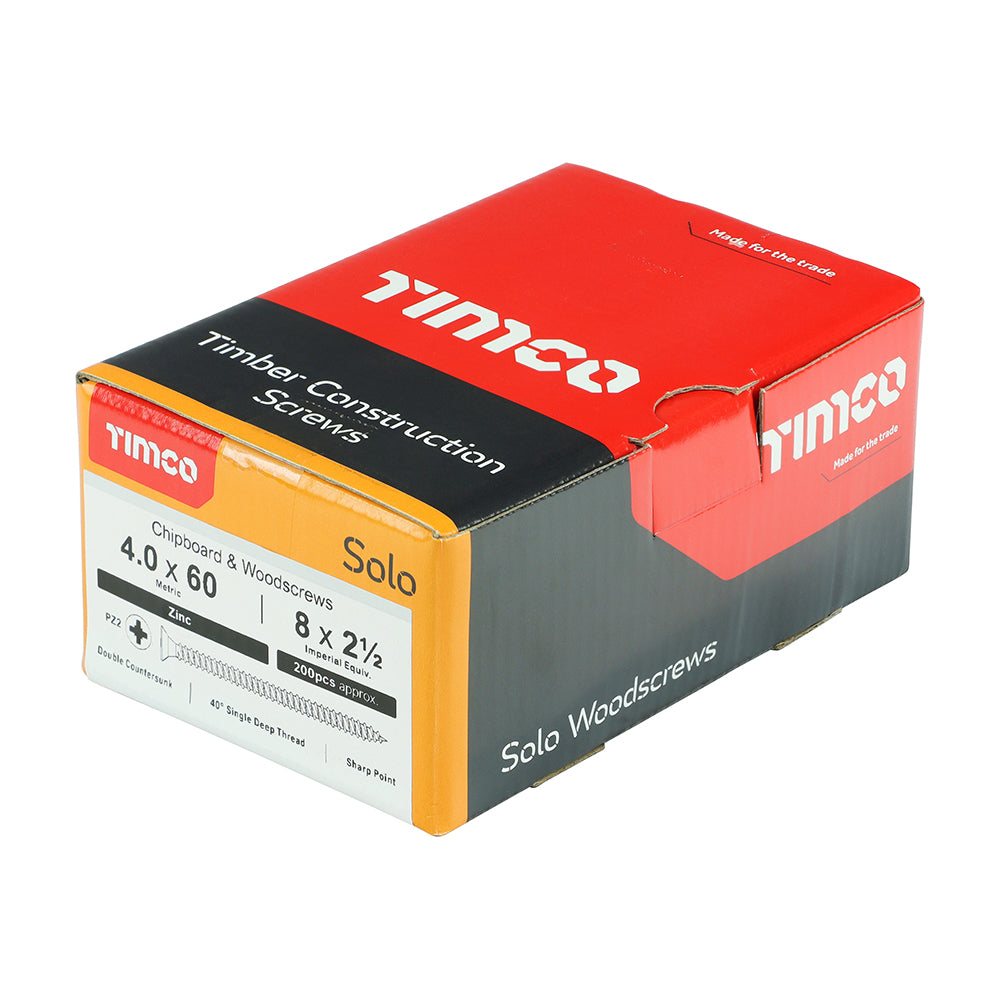This is an image of Timco - Solo Chipboard & Woodscrews - PZ - Double Countersunk - Zinc 4.0 x 60mm - (200 PCS Box) 40060SOLOZ