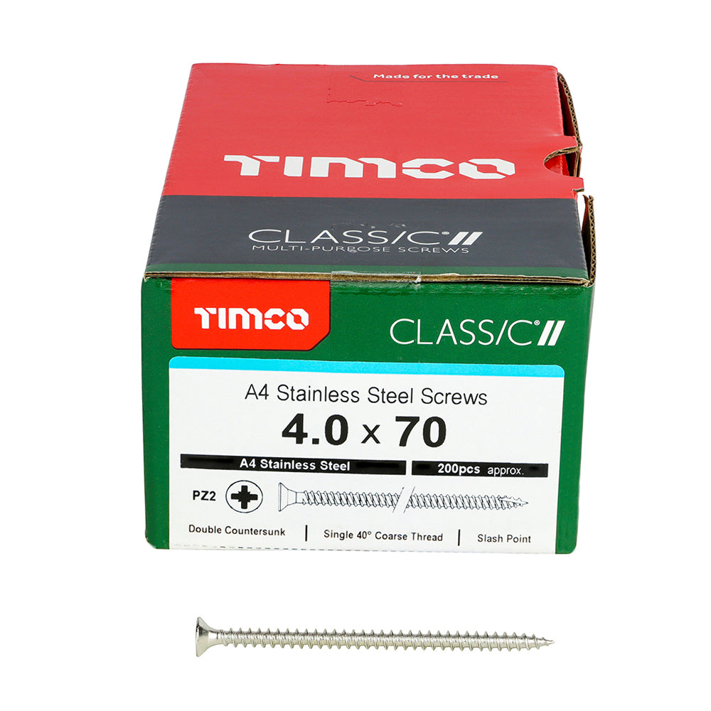 This is an image of Timco - Classic Multi-Purpose Screws - PZ - Double Countersunk - A4 Stainless Steel 4.0 x 70mm - (200 PCS Box) 40070CLA4