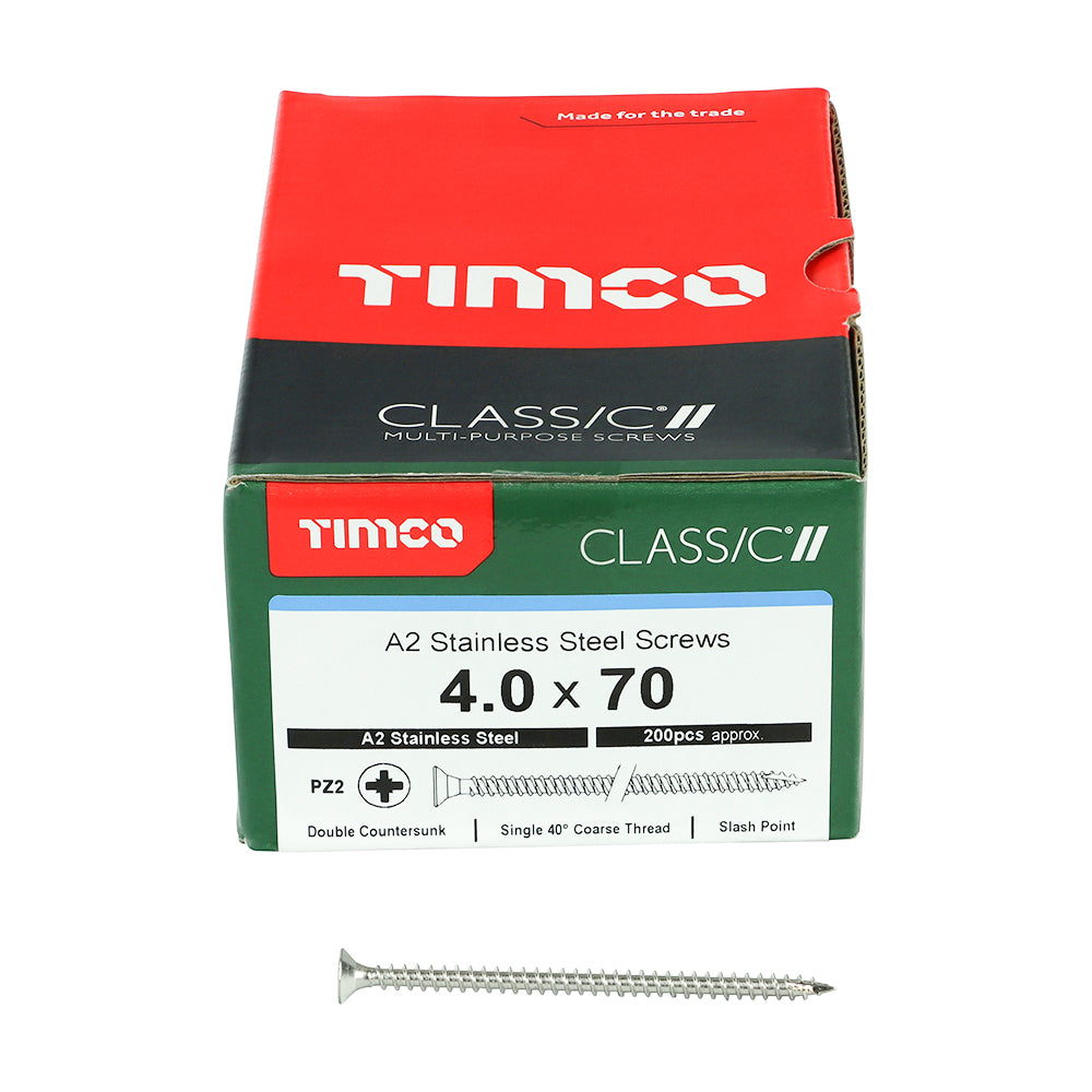 This is an image of Timco - Classic Multi-Purpose Screws - PZ - Double Countersunk - A2 Stainless Steel 4.0 x 70mm - (200 PCS Box) 40070CLASS