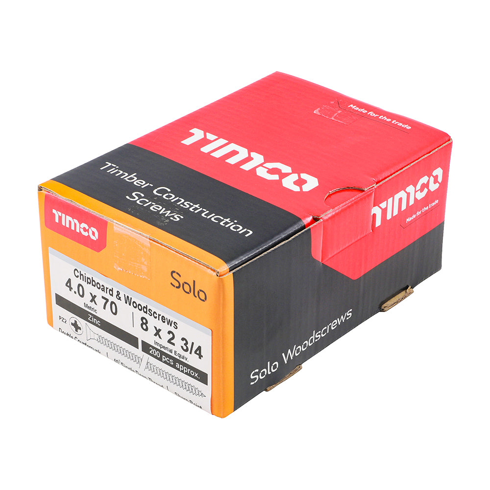 This is an image of Timco - Solo Chipboard & Woodscrews - PZ - Double Countersunk - Zinc 4.0 x 70mm - (200 PCS Box) 40070SOLOZ