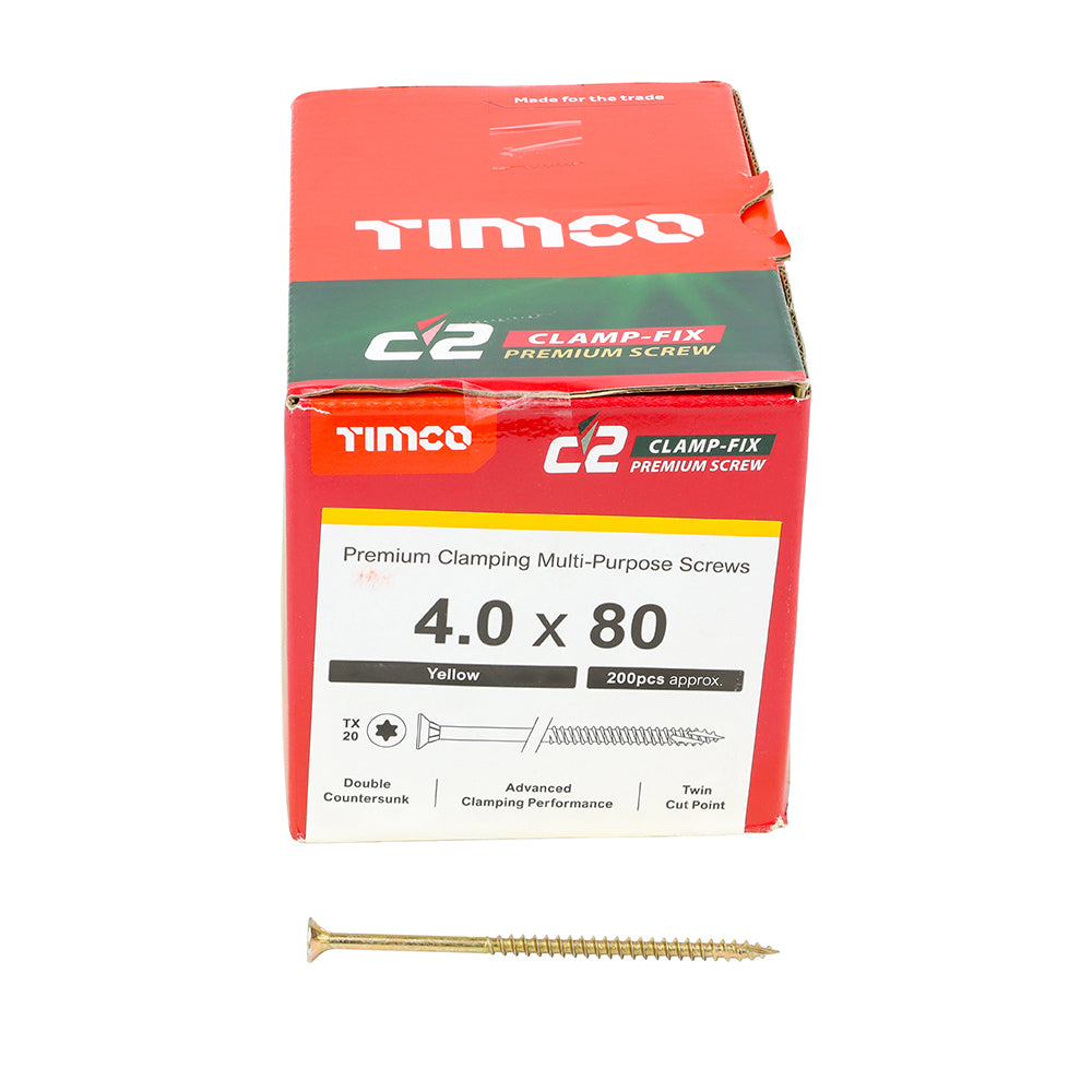 This is an image of Timco - C2 Clamp-Fix Screws - TX - Double Countersunk with Ribs - Twin-Cut - Yellow 4.0 x 80mm - (200 PCS Box) 40080C2C