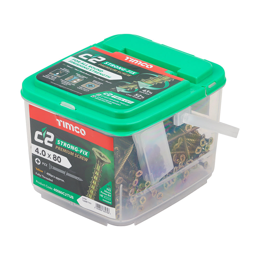 This is an image of Timco - C2 Strong-Fix Screws - PZ - Double Countersunk - Twin-Cut - Yellow 4.0 x 80mm - (400 PCS Tub) 40080C2TUB