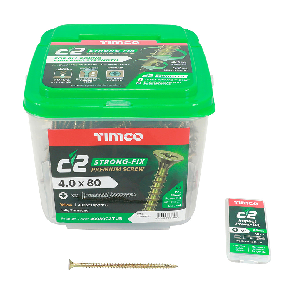 This is an image of Timco - C2 Strong-Fix Screws - PZ - Double Countersunk - Twin-Cut - Yellow 4.0 x 80mm - (400 PCS Tub) 40080C2TUB