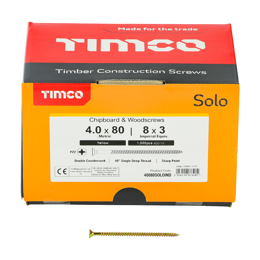 This is an image of Timco - Solo Chipboard & Woodscrews - Industry Pack - PZ - Double Countersunk - Yellow 4.0 x 80mm - (1000 PCS Box) 40080SOLOIND
