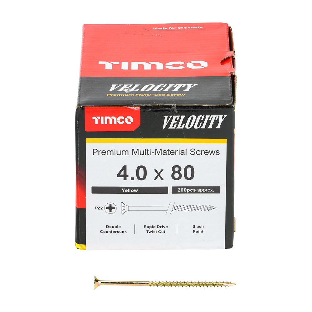 This is an image of Timco - Velocity Premium Multi-Use Screws - PZ - Double Countersunk - Yellow 4.0 x 80mm - (200 PCS Box) 40080VY