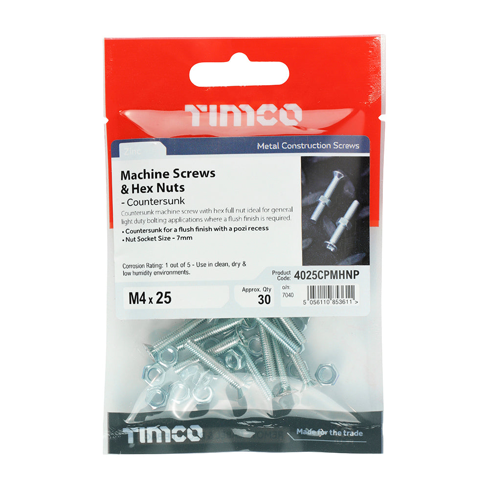This is an image of Timco - Machine Screws - PZ - Countersunk & Hex Nuts - Zinc M4 x 25mm - (30 PCS TIMpac) 4025CPMHNP