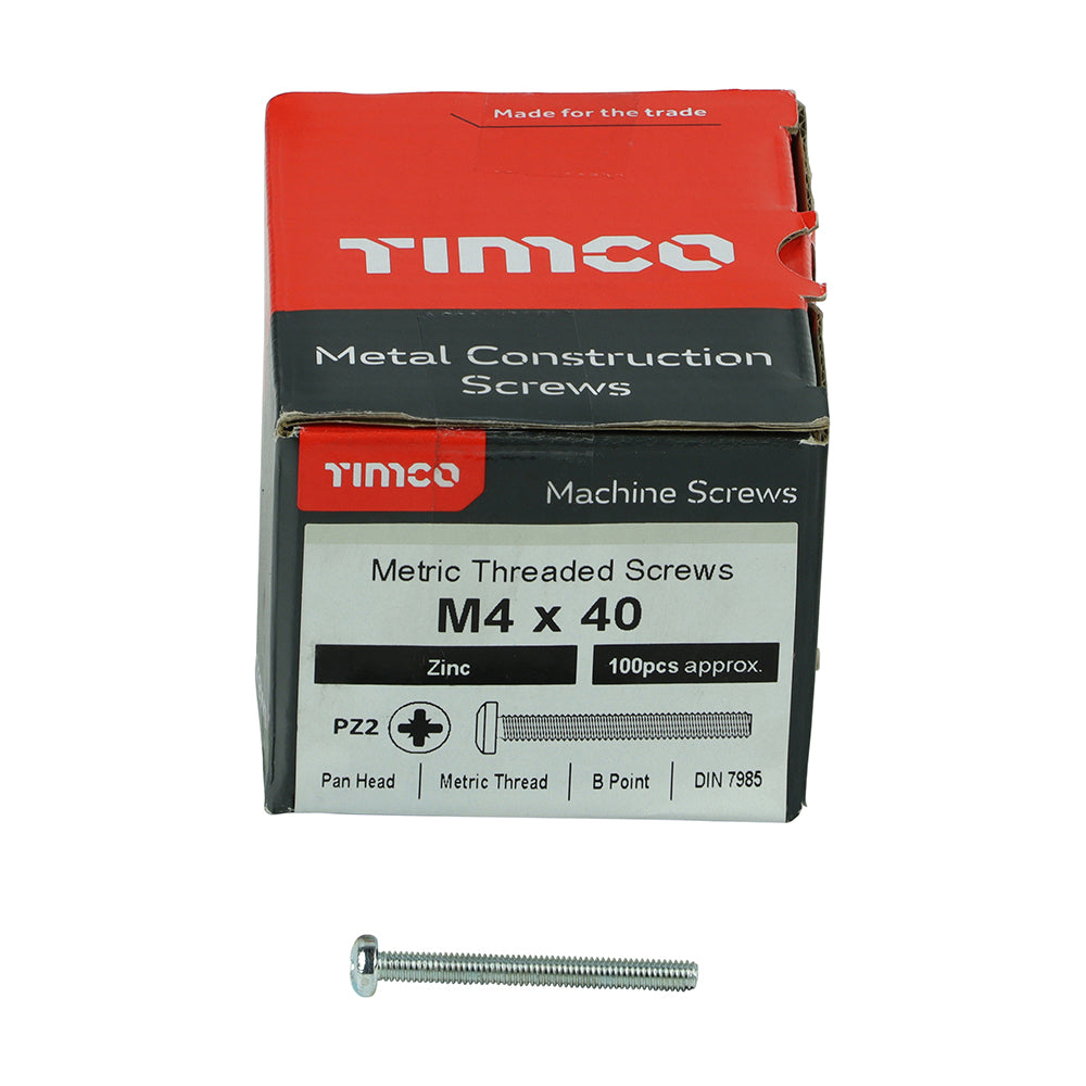 This is an image of Timco - Metric Threaded Machine Screws - PZ - Pan Head - Zinc M4 x 40mm - (100 PCS Box) 4040PPM