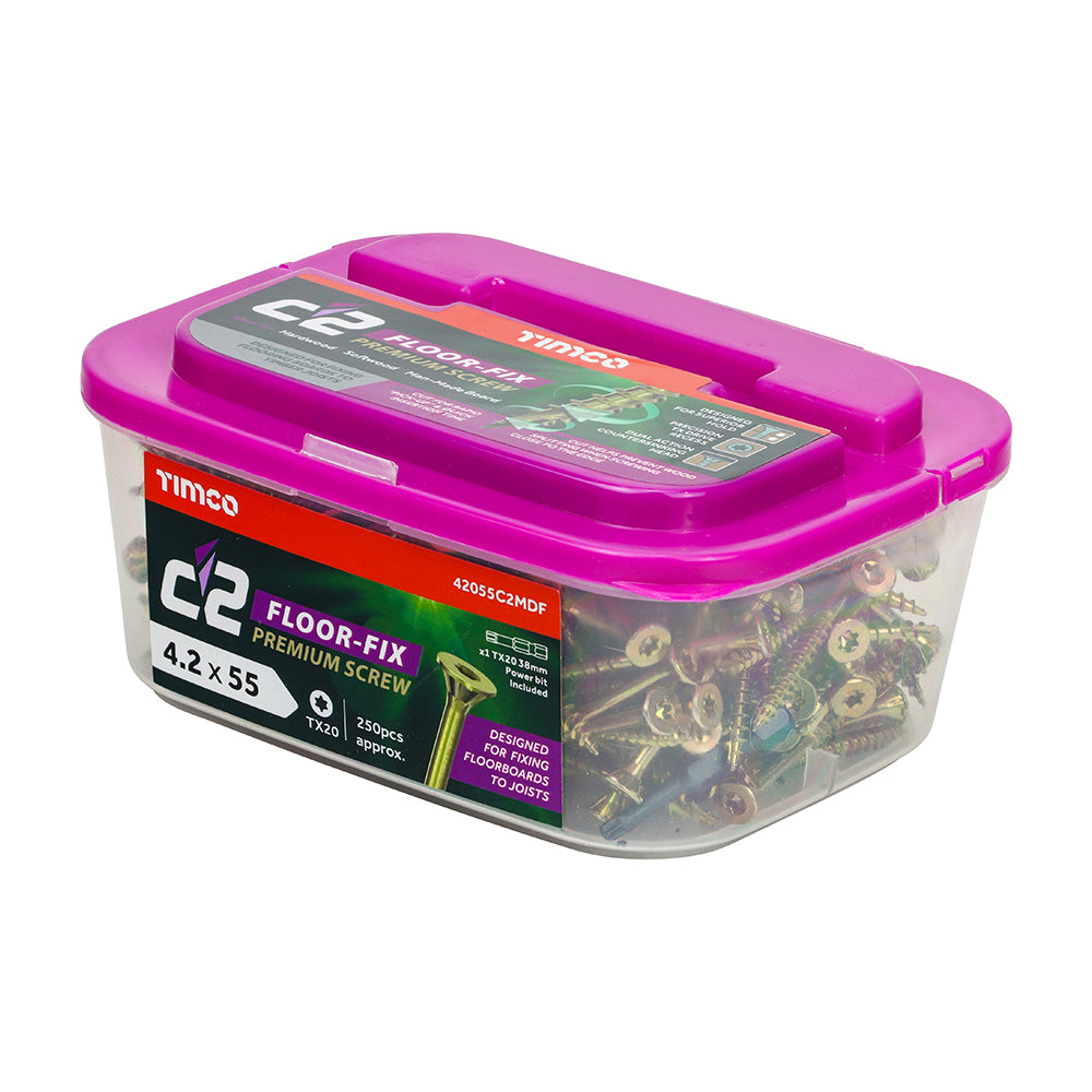 This is an image of Timco - C2 Floor-Fix Screws - TX - Double Countersunk with Ribs - Twin-Cut - Yellow 4.2 x 55mm - (250 PCS Tub) 42055C2MDF