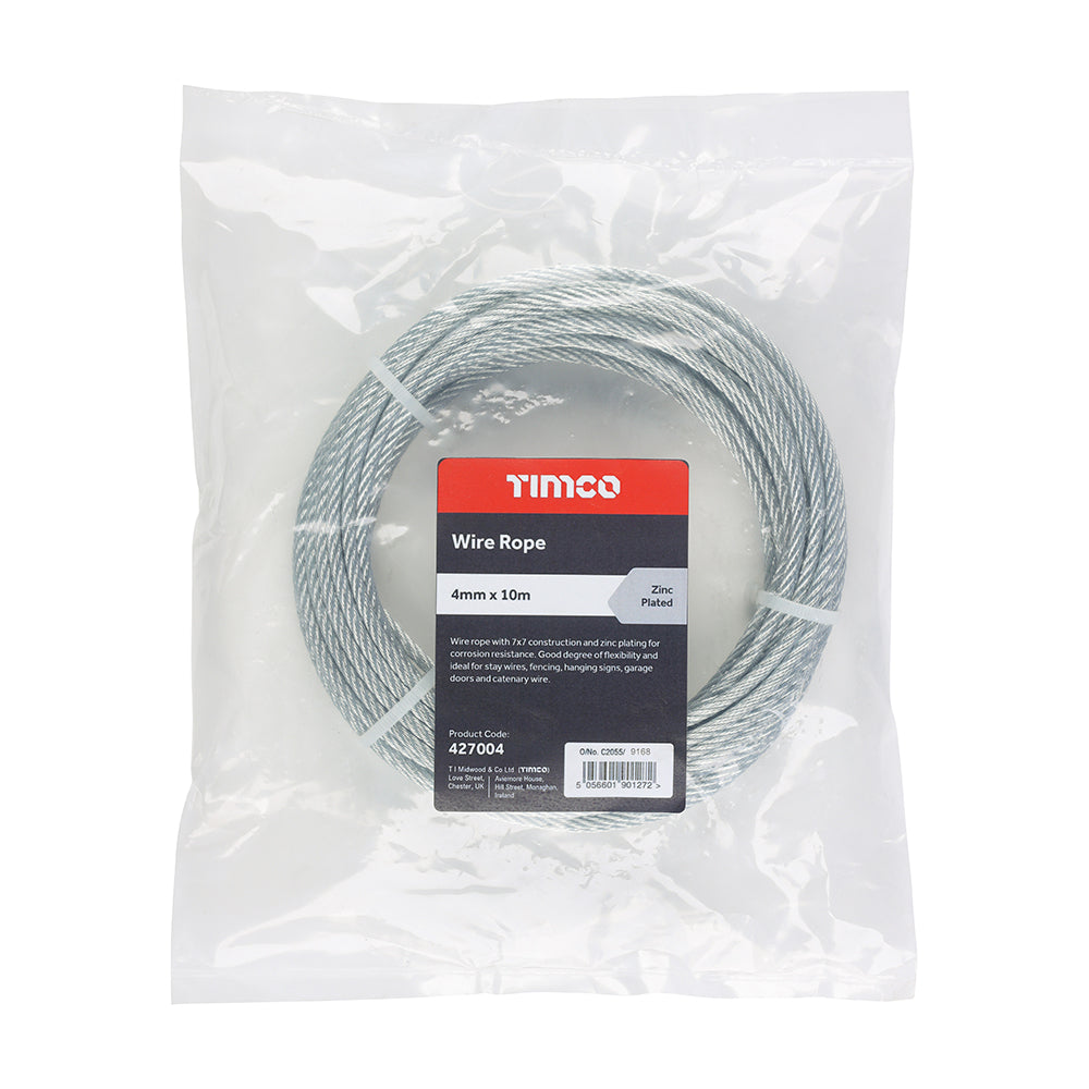 This is an image of Timco - Wire Rope - Zinc 4mm x 10m (1 Each Bag) 427004