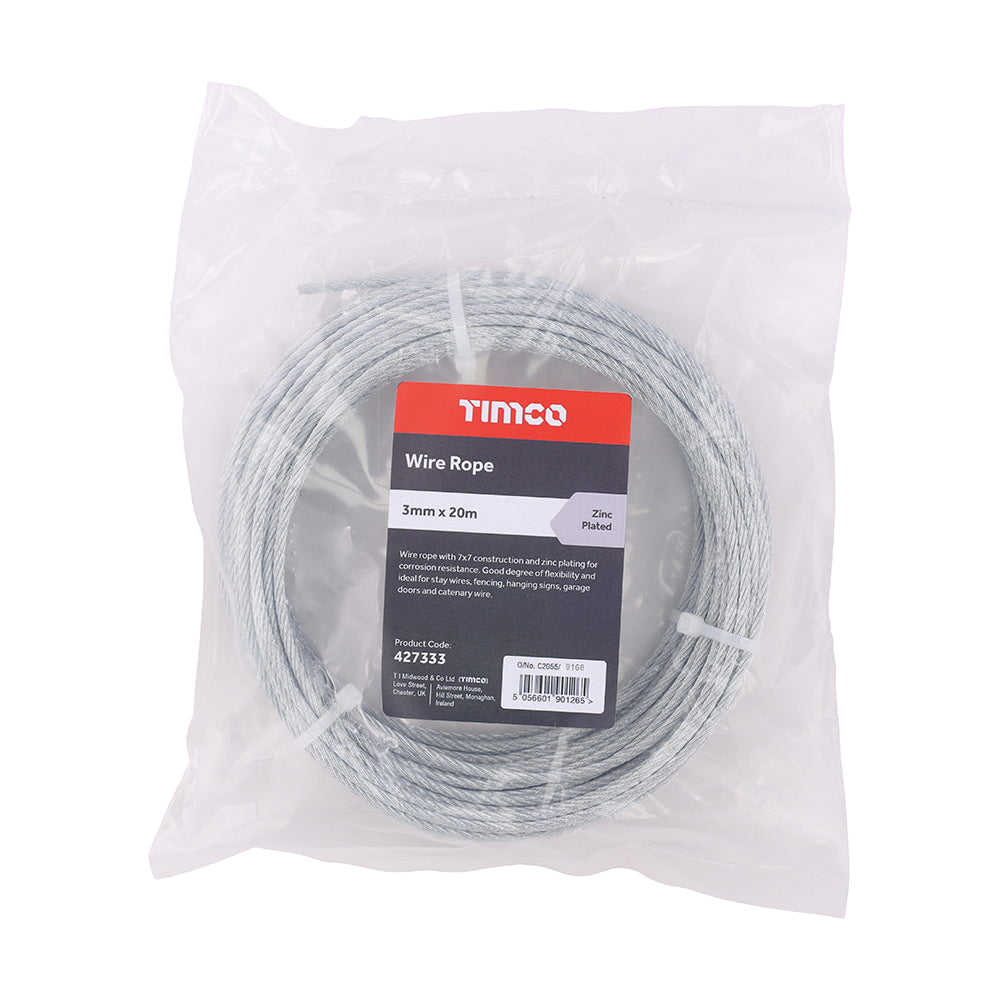 This is an image of Timco - Wire Rope - Zinc 3mm x 20m (1 Each Bag) 427333